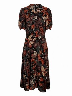 Black Floral Midi Dress with Red and Cream Blooms